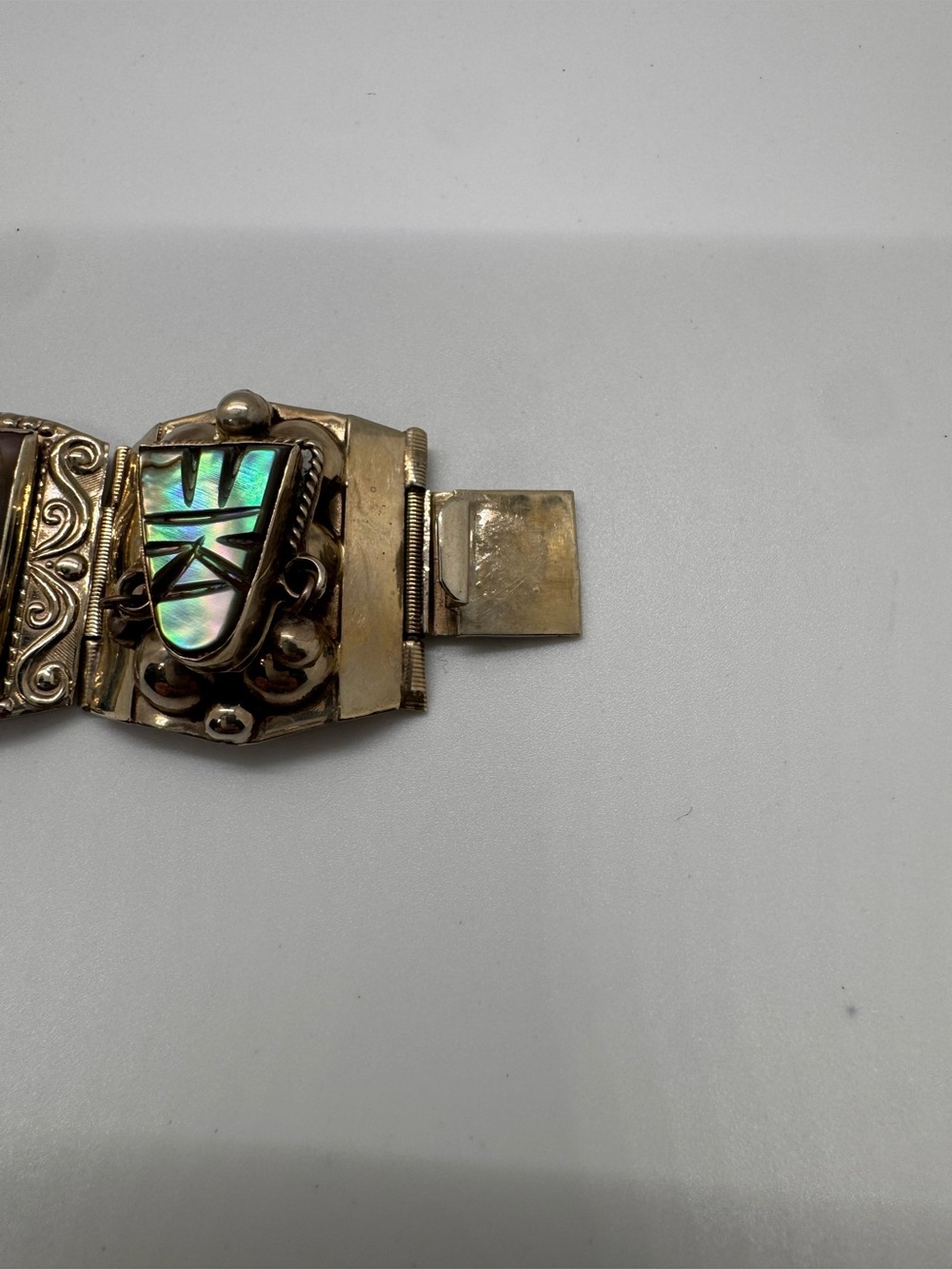 Vintage Taxco Mexico 925 Sterling Silver Abalone Aztec Mask Panel Bracelet - Picture 8 of 16